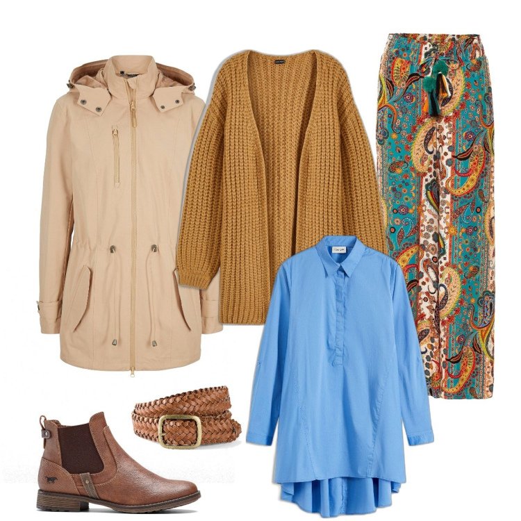 Outfit donna - Tendenze in denim. Stile Sporty chic per Tutti i giorni. Abbinamento con parka, cinture, pantaloni, camicie, stivaletti chelsea, cardigans.