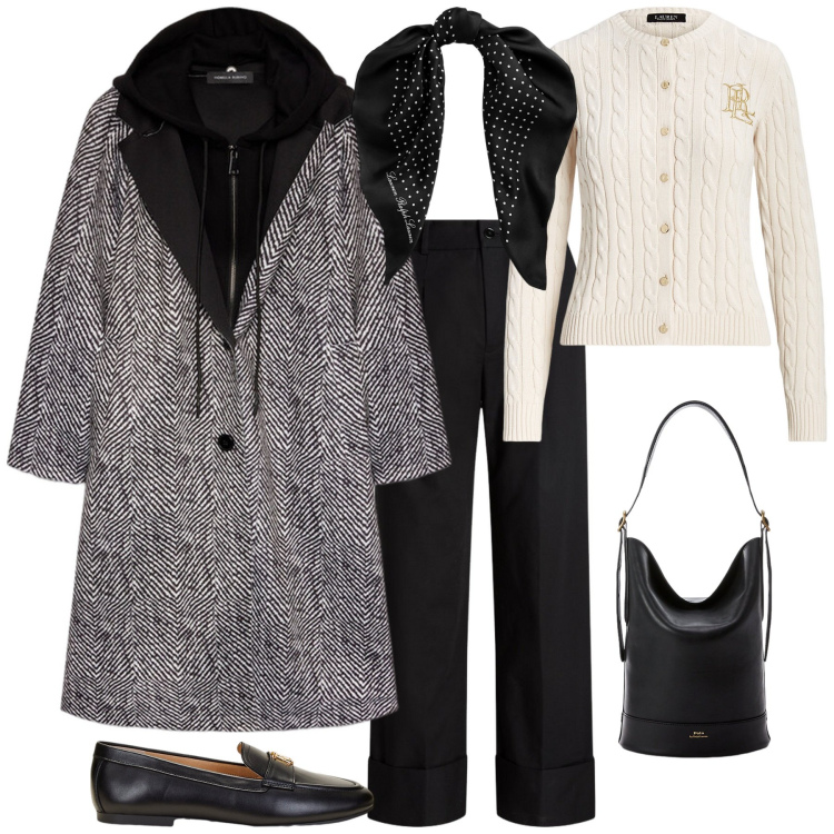 Outfit donna - Total look #2040733. Stile Sporty chic per Ufficio. Abbinamento con cardigans, mocassini, foulard, borse a secchiello, pantaloni, cappotti.