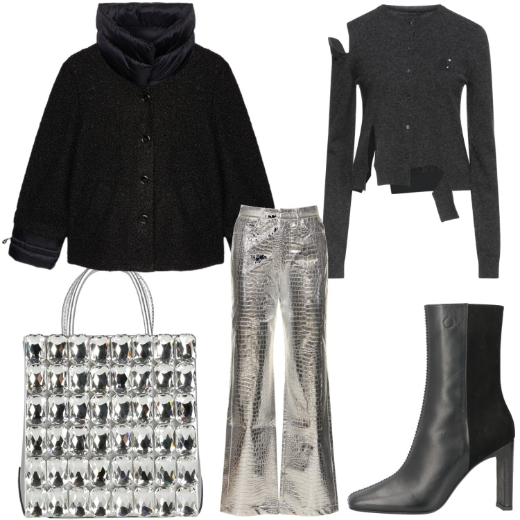 Outfit donna - Effetto argento. Stile Glamour per Ufficio. Abbinamento con cardigans, stivaletti, borse a mano, blazer, pantaloni.