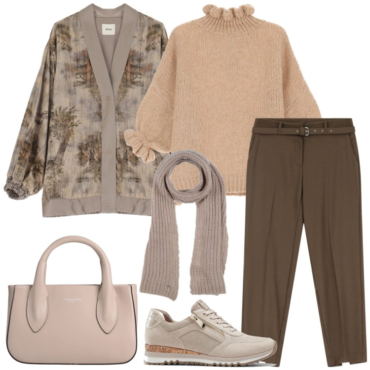 Outfit donna - Total look #2040765. Stile Casual per Tutti i giorni. Abbinamento con sneakers, borse a mano, sciarpe, maglieria, pantaloni, cappotti.