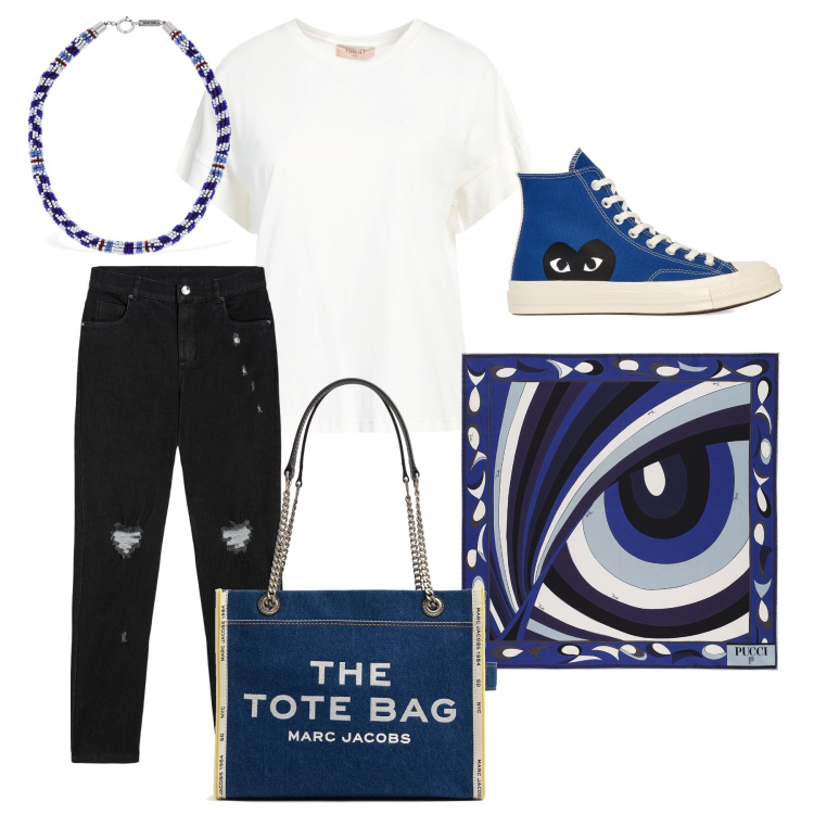 Outfit donna - Blue eye. Stile Casual per Tutti i giorni. Abbinamento con t-shirt, jeans skinny, collane, borse tote, foulard, sneakers.