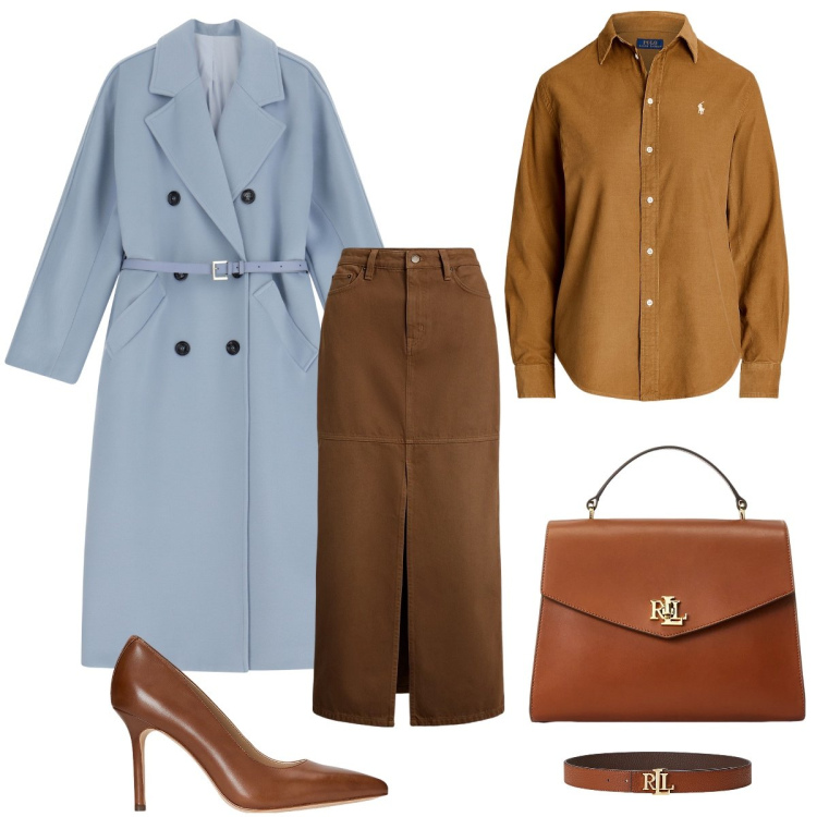 Outfit donna - Appuntamento di lavoro. Stile Casual chic per Tutti i giorni. Abbinamento con cappotti, cinture, borse a mano, décolleté, gonne, camicie.