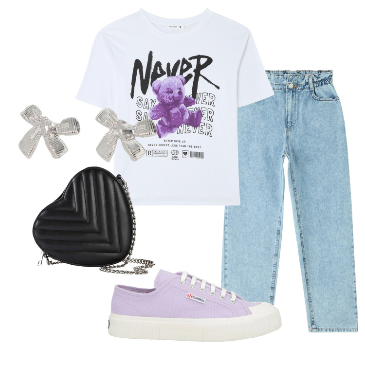 Outfit donna - Romantica. Stile Urban per Scuola/Università. Abbinamento con borse a tracolla, sneakers, jeans, t-shirt, orecchini.