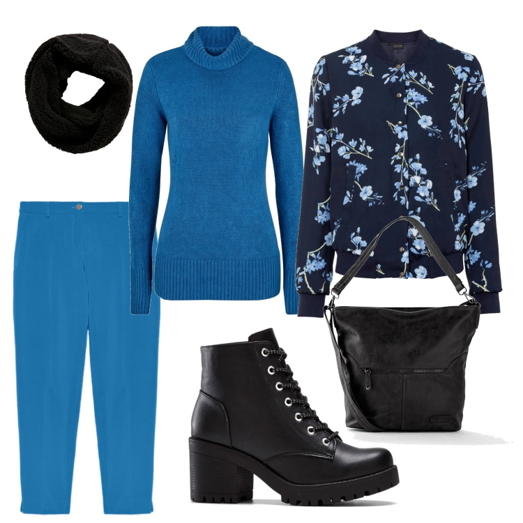 Outfit donna - Total look #2040780. Stile Casual per Scuola/Università. Abbinamento con maglieria, stivaletti, bomber, borse a tracolla, sciarpe, pantaloni.