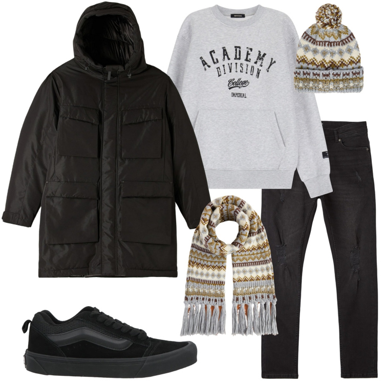 Outfit uomo - In città a gennaio. Stile Urban per Tutti i giorni. Abbinamento con sneakers, parka, jeans strappati, felpe, berretti, sciarpe.