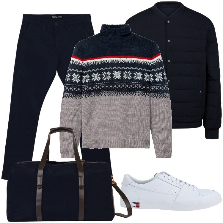 Outfit uomo - Total look #2040788. Stile Casual per Tutti i giorni. Abbinamento con maglieria, sneakers, pantaloni chino, piumini, borse sportive.