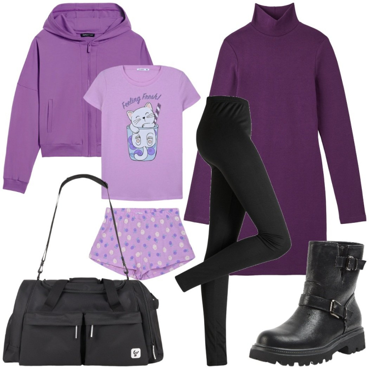 Outfit donna - Weekend fuori città. Stile Casual per Tutti i giorni. Abbinamento con leggings, pigiama, vestiti midi/longuette, stivaletti, felpe con cappuccio, borse sportive.