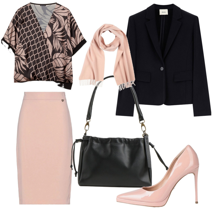 Outfit donna - Total look #2040792. Stile Chic per Ufficio. Abbinamento con décolleté, gonne longuette, borse a spalla, sciarpe, blazer, bluse.