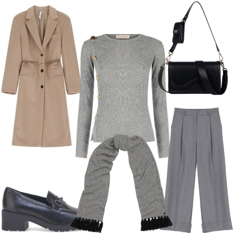 Outfit donna - Total look #2040796. Stile Romantica per Tutti i giorni. Abbinamento con maglieria, pochette, pantaloni, cappotti, sciarpe, mocassini.
