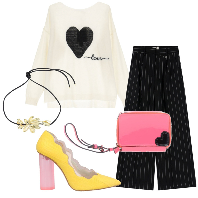 Outfit donna - Love is in the air. Stile Romantica per Tutti i giorni. Abbinamento con décolleté, borse a mano, collane, pantaloni a palazzo, maglieria.