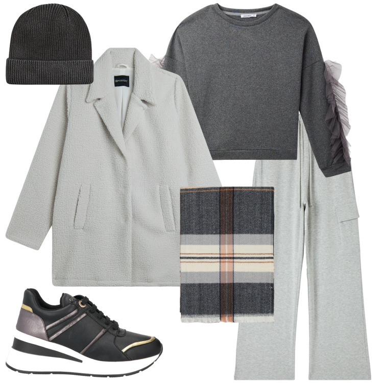 Outfit donna - Una corsa al supermercato. Stile Casual per Tutti i giorni. Abbinamento con sneakers, pantaloni cargo, felpe, berretti, sciarpe, cappotti.
