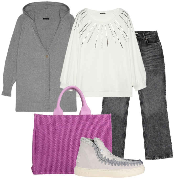 Outfit donna - Total look #2040831. Stile Casual chic per Tutti i giorni. Abbinamento con stivaletti, borse a mano, jeans, cardigans, felpe.