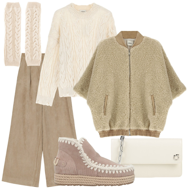 Outfit donna - Il grande freddo. Stile Casual chic per Tutti i giorni. Abbinamento con calzini, stivaletti, portafogli, pantaloni a palazzo, maglieria, bomber.