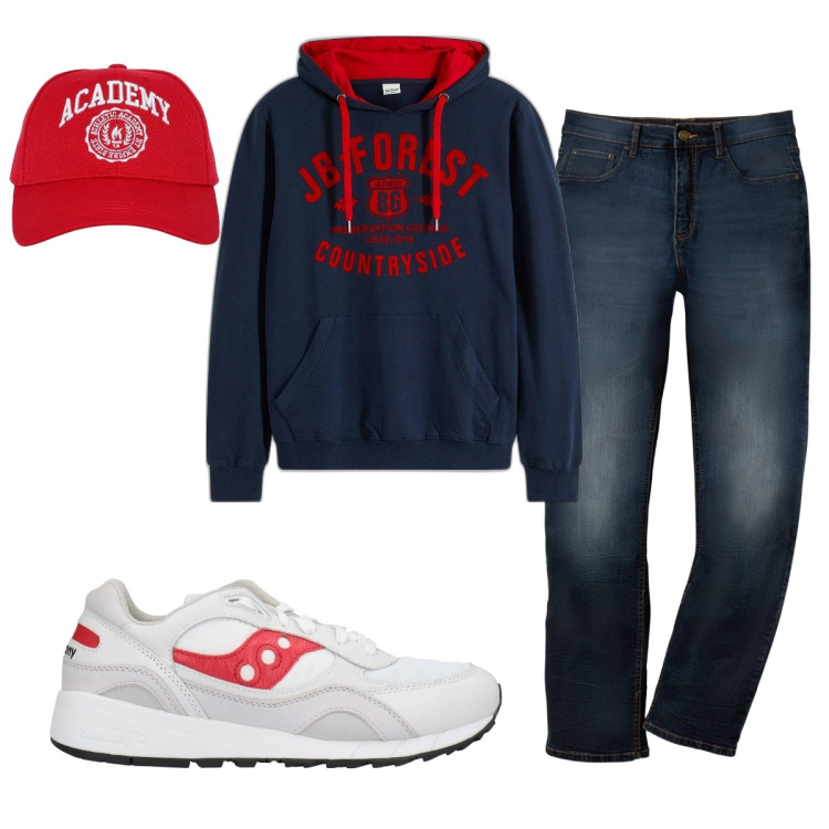 Outfit uomo - Total look #2040836. Stile Casual per Tutti i giorni. Abbinamento con jeans dritti, felpe con cappuccio, sneakers, cappelli.