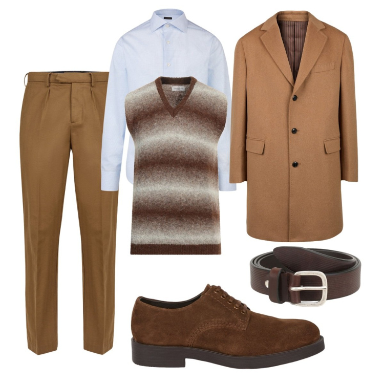 Outfit uomo - Total look. Stile Business/Elegante per Ufficio. Abbinamento con pullovers, cinture, cappotti, pantaloni, scarpe stringate, camicie.