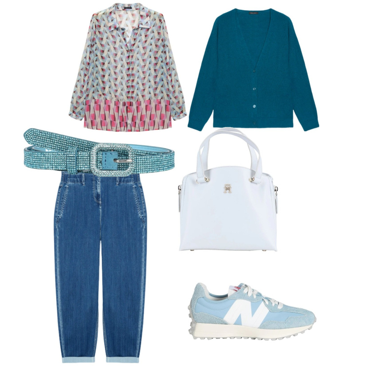 Outfit donna - Un tocco di brilucco. per Tutti i giorni. Abbinamento con sneakers, borse a mano, cinture, jeans, camicie, cardigans.