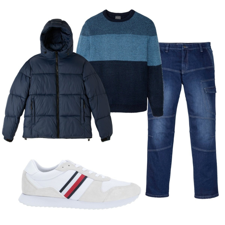 Outfit uomo - Total look #2040844. Stile Casual per Tutti i giorni. Abbinamento con maglieria, jeans dritti, sneakers, piumini.