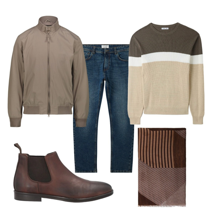 Outfit uomo - Total look #2040845. Stile Trendy per Tutti i giorni. Abbinamento con stivali e stivaletti, jeans, maglieria, sciarpe, giacche.