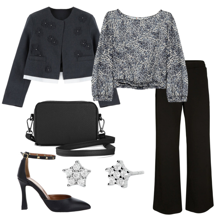 Outfit donna - Casual chic cerimonia. Stile Casual chic per Cerimonia. Abbinamento con borse a tracolla, pantaloni a palazzo, orecchini, top, décolleté, blazer.