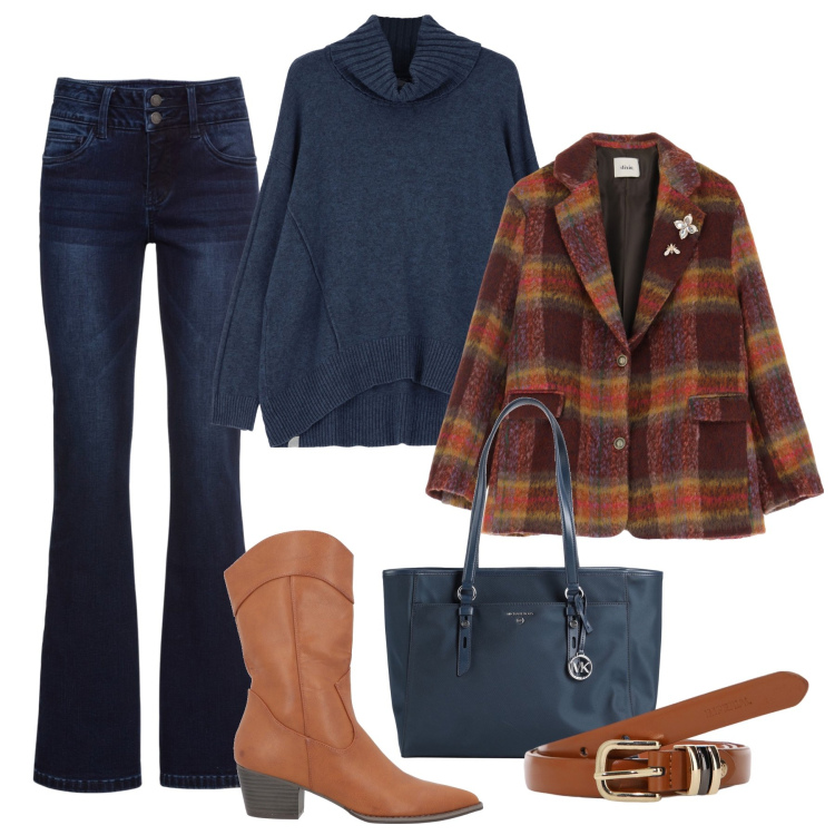 Outfit donna - Blu denim e cognac. Stile Casual per Tutti i giorni. Abbinamento con jeans bootcut, borse a spalla, stivali, maglieria, cinture, blazer.