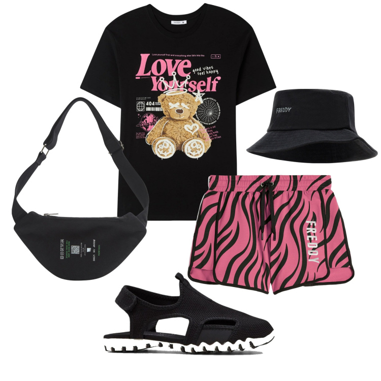 Outfit donna - Total look #2040885. Stile Casual per Tutti i giorni. Abbinamento con sandali, marsupi, t-shirt, cappelli, pantaloni corti.
