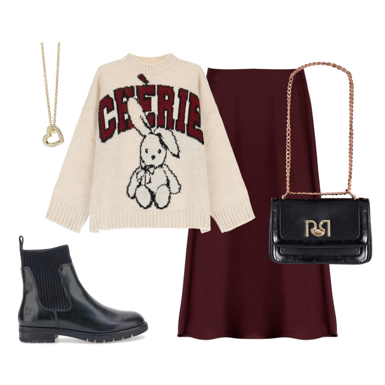 Outfit donna - Gonna midi bordeaux. Stile Casual chic per Serata fuori. Abbinamento con collane, borse a tracolla, gonne longuette, maglieria, stivaletti.