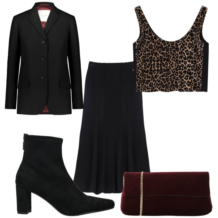 Outfit donna - Total look #2040914. Stile Trendy per Serata fuori. Abbinamento con stivaletti, top, pochette, gonne lunghe, blazer.