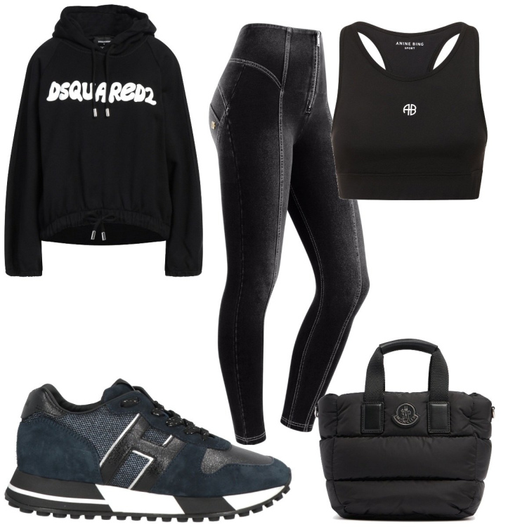 Outfit donna - Total look #2040917. Stile Basic per Sport. Abbinamento con sneakers, felpe con cappuccio, jeggings, top sportivi, shopping bag.