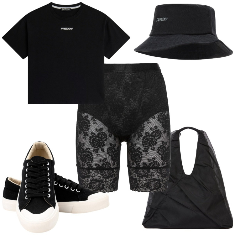 Outfit donna - Total look #2040920. Stile Trendy per Tutti i giorni. Abbinamento con pantaloni corti, cappelli, t-shirt, sneakers, shopping bag.