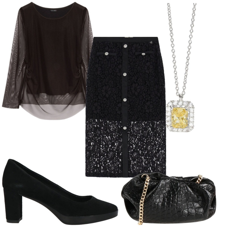 Outfit donna - Total look #2040921. Stile Glamour per Serata fuori. Abbinamento con décolleté, borse a tracolla, collane, gonne, t-shirt.