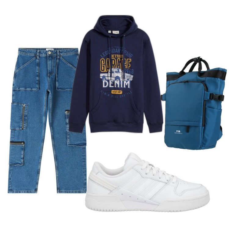 Outfit uomo - Total look #2040929. Stile Casual per Tutti i giorni. Abbinamento con felpe con cappuccio, borse sportive, sneakers, jeans.