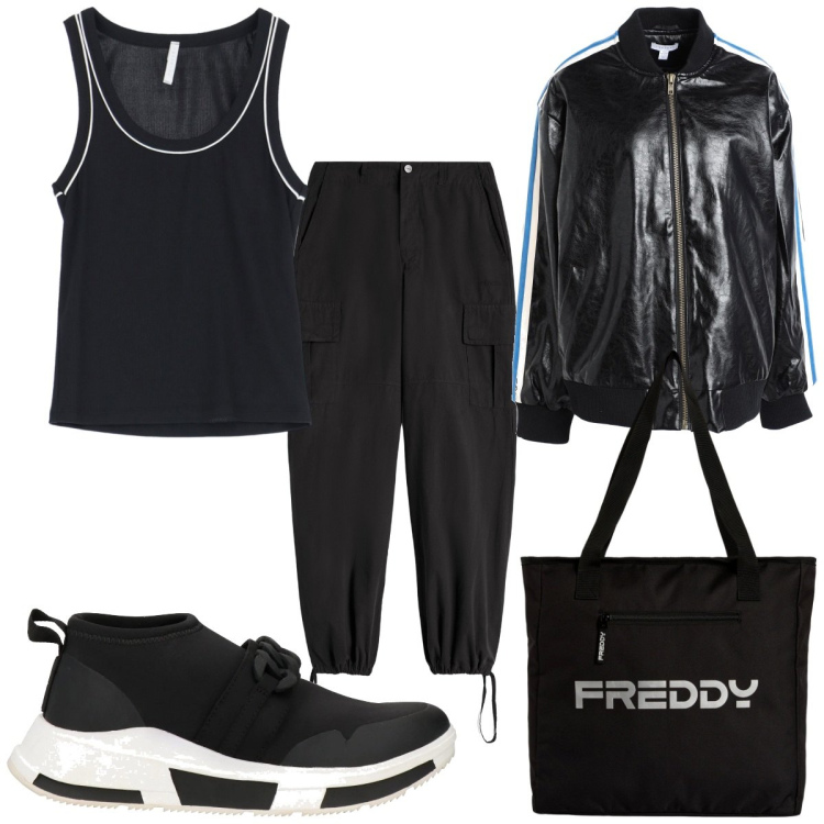 Outfit donna - Total look #2040933. Stile Trendy per Sport. Abbinamento con sneakers, blazer, canottiere, pantaloni cargo, shopping bag.