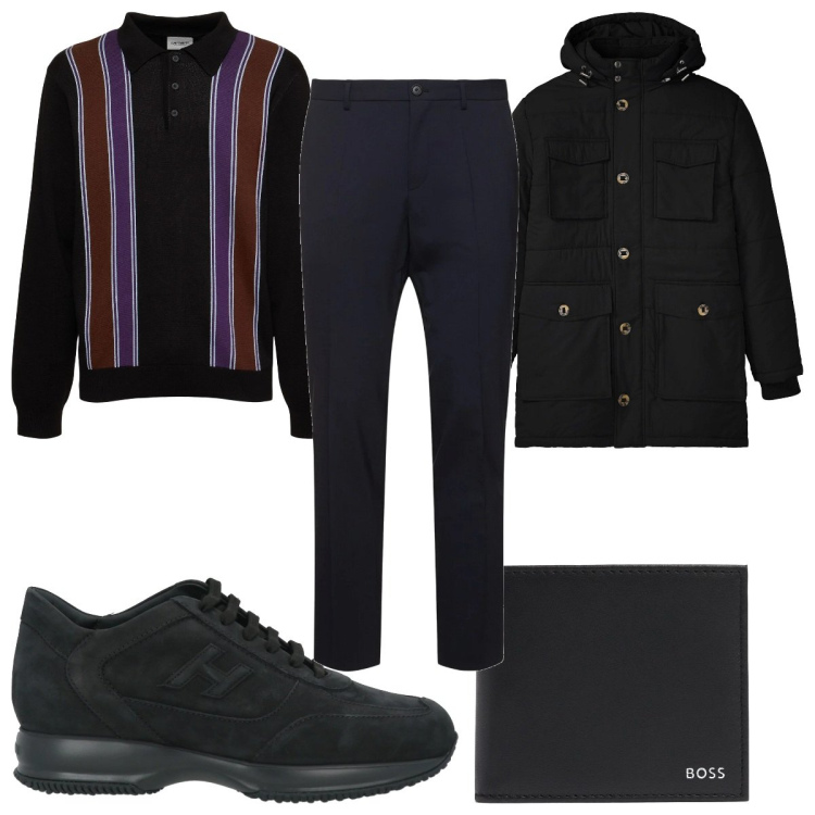 Outfit uomo - Total look #2040940. Stile Trendy per Tutti i giorni. Abbinamento con parka, sneakers, pantaloni, polo, portafogli.