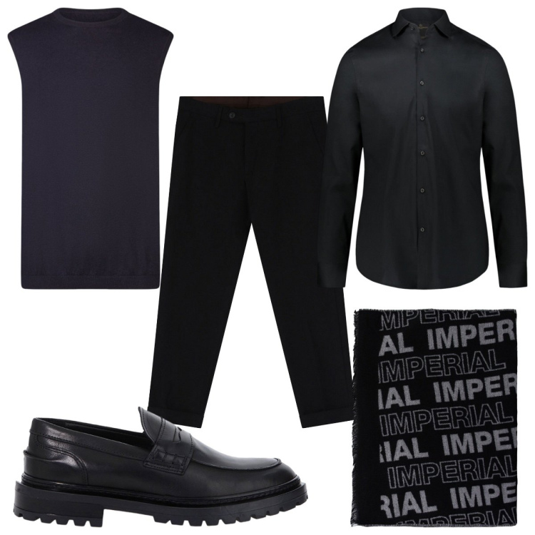 Outfit uomo - Total look #2040943. Stile Casual per Ufficio. Abbinamento con scarpe stringate, sciarpe, pantaloni chino, camicie, gilet.