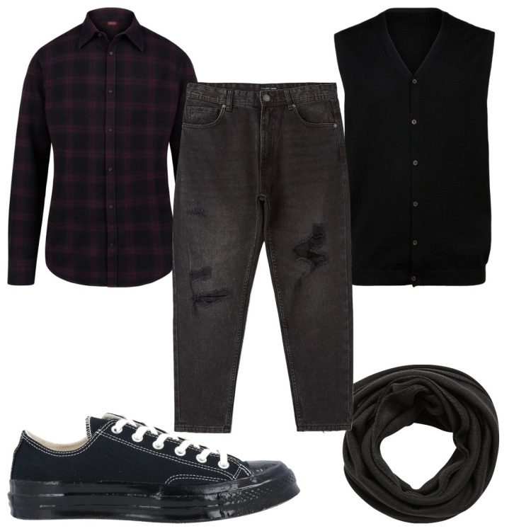 Outfit uomo - Total look #2040958. Stile Casual per Tutti i giorni. Abbinamento con sneakers, sciarpe, jeans strappati, gilet, camicie.