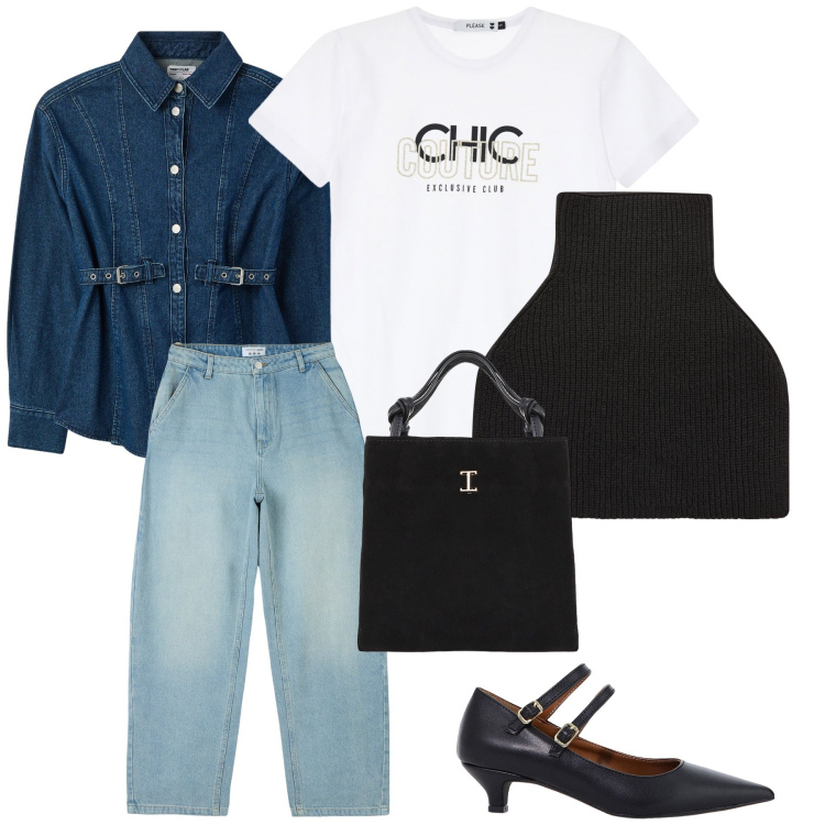 Outfit donna - Scontata ma chic. Stile Trendy per Tutti i giorni. Abbinamento con jeans, camicie, cappotti, t-shirt, shopping bag, décolleté.