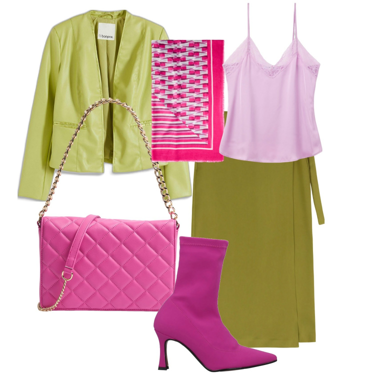 Outfit donna - Voglia di primavera. Stile Casual chic per Tutti i giorni. Abbinamento con blazer, stivaletti, top, borse a tracolla, gonne longuette, sciarpe.