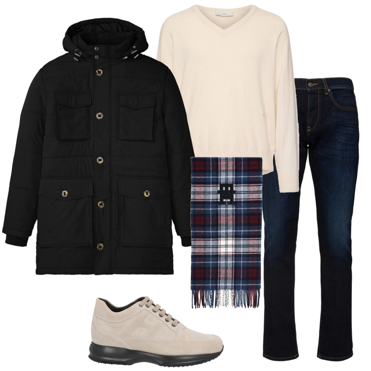 Outfit uomo - In città. Stile Casual per Tutti i giorni. Abbinamento con parka, sciarpe, sneakers, jeans slim fit, pullovers.
