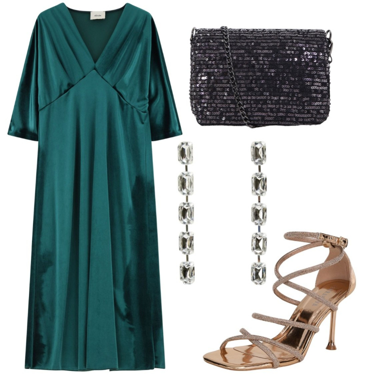 Outfit donna - Gala di Santa Lucia. Stile Chic per Serata fuori. Abbinamento con orecchini, sandali col tacco, borse a tracolla, vestiti midi/longuette.