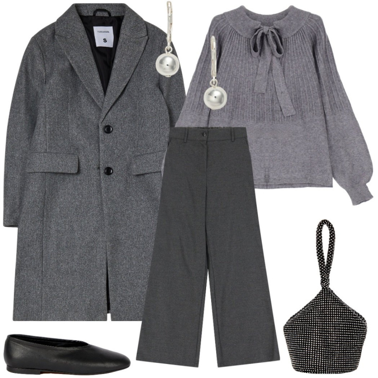 Outfit donna - Sfumature di grigio. Stile Glamour per Tutti i giorni. Abbinamento con cappotti, pochette, pullovers, pantaloni a palazzo, orecchini, ballerine.