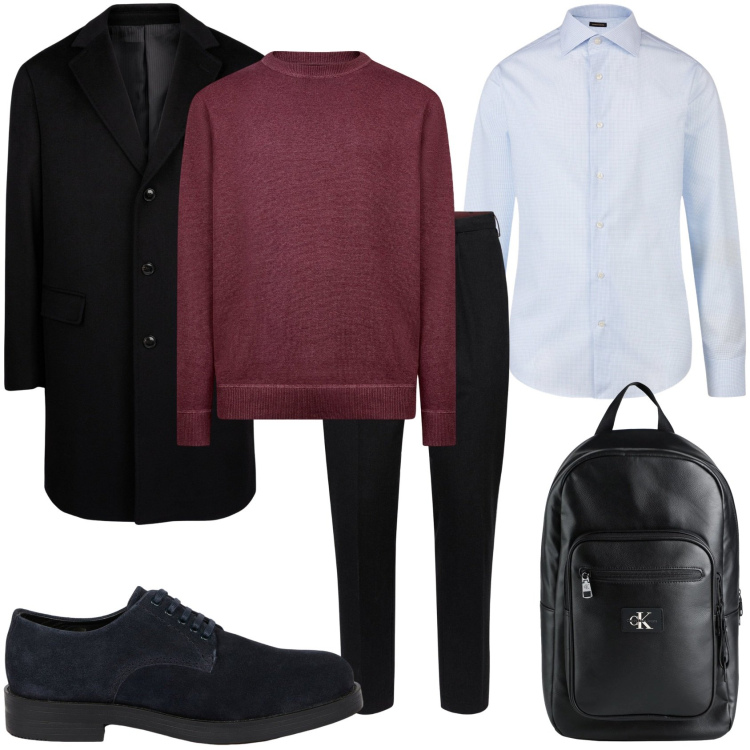 Outfit uomo - Arrivo in ufficio il lunedì. Stile Business/Elegante per Ufficio. Abbinamento con borse sportive, pantaloni, scarpe stringate, cappotti, maglieria, camicie.