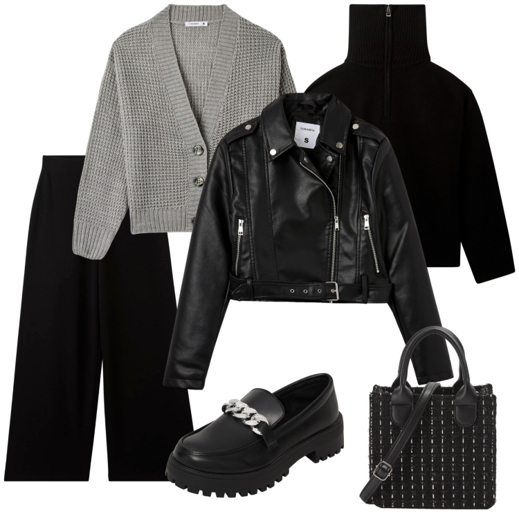 Outfit donna - Chiodo e mocassini. Stile Rock per Ufficio. Abbinamento con mocassini, cardigans, pantaloni, shopping bag, maglieria, giacche.