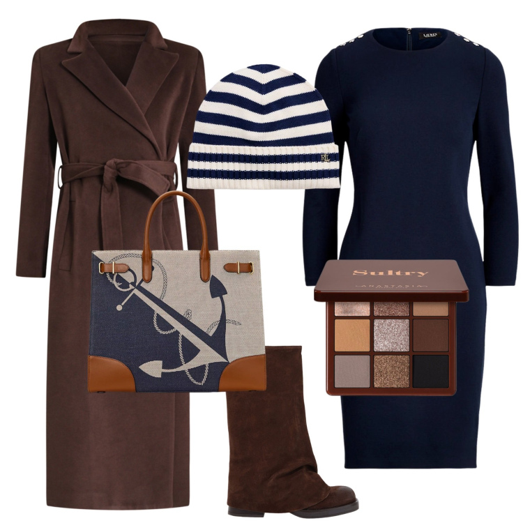 Outfit donna - Mare d\'Inverno. Stile Casual chic per Tutti i giorni. Abbinamento con ombretti, cappotti, stivali, berretti, vestiti, borse tote.