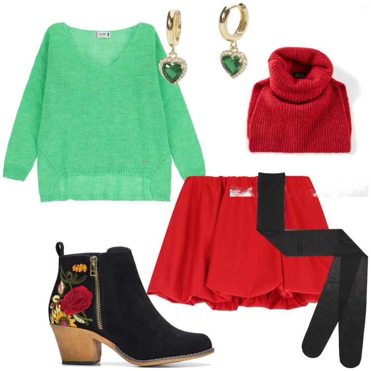 Outfit donna - Rosso verde ed un pizzico di nero. Stile Preppy per Tutti i giorni. Abbinamento con stivaletti, scaldacollo, collant, orecchini, maglieria, minigonne.
