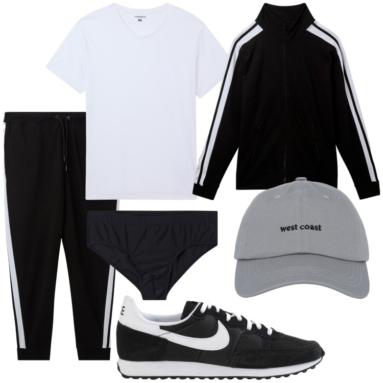 Outfit uomo - Sportivo. Stile Casual per Sport. Abbinamento con sneakers, costumi, cappelli con visiera, t-shirt, pantaloni, giacche sportive.