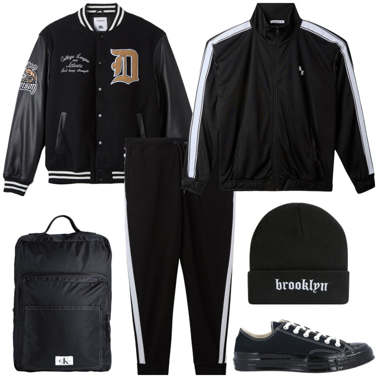 Outfit uomo - Sabato a scuola. Stile Casual per Tutti i giorni. Abbinamento con borse sportive, sneakers, pantaloni, bomber, berretti, felpe.