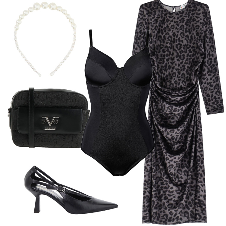 Outfit donna - Perle velluto e maculato. Stile Glamour per Serata fuori. Abbinamento con body, borse a tracolla, vestiti lunghi, cerchietti, décolleté.