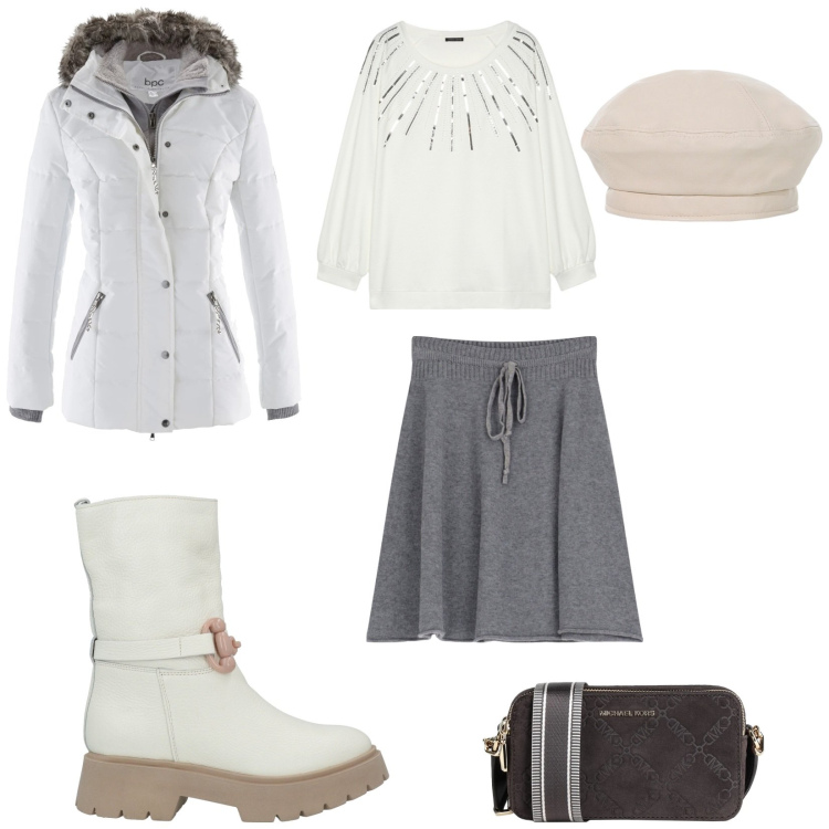 Outfit donna - Esco un attimo. per Tutti i giorni. Abbinamento con piumini, borse a tracolla, stivaletti, minigonne, cappelli e berretti, felpe.