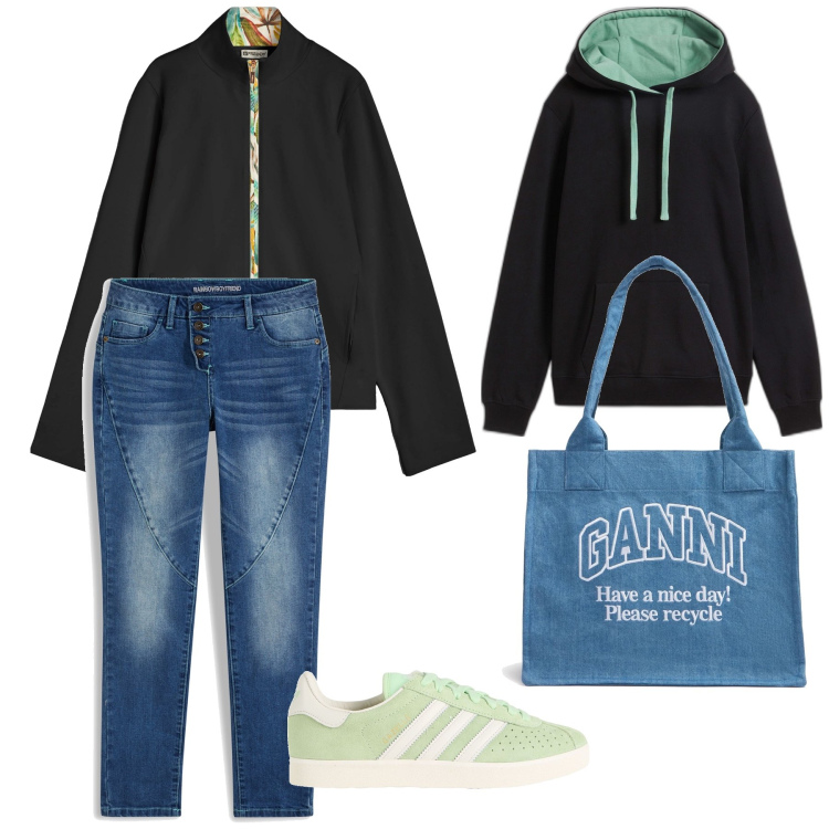 Outfit donna - Un salto al supermercato. Stile Casual chic per Tutti i giorni. Abbinamento con jeans boyfriend, felpe con cappuccio, sneakers, felpe, shopping bag.