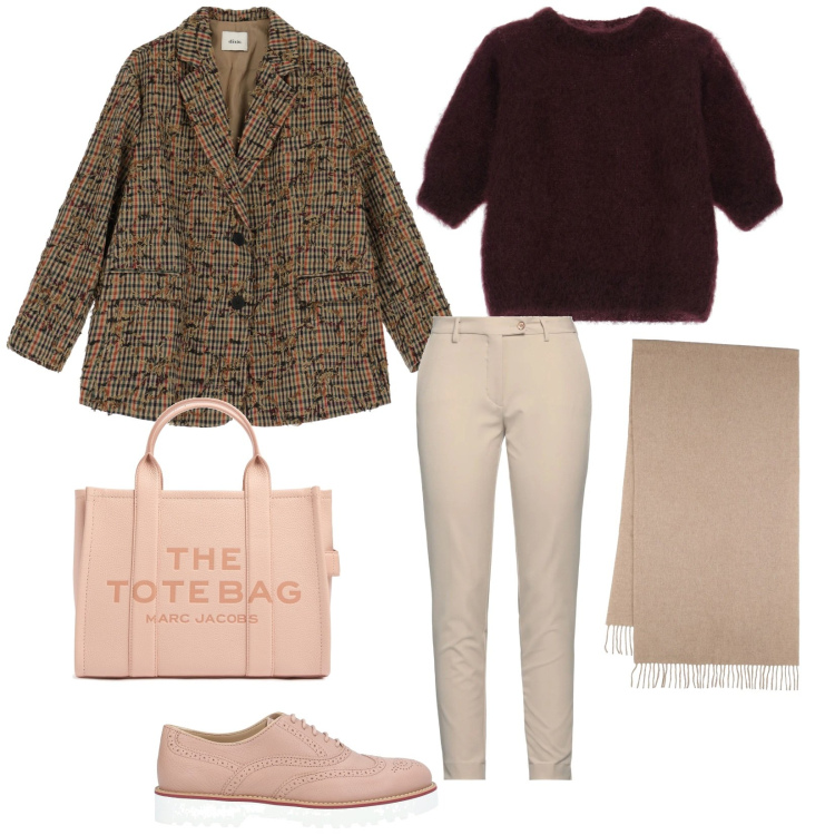 Outfit donna - Lavoro. per Ufficio. Abbinamento con pantaloni, scarpe stringate, maglieria, blazer, shopping bag, sciarpe.